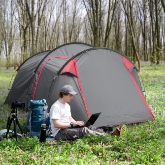 Outsunny Cort pentru Camping 2 Locuri cu Vestibul Mare, Cort Impermeabil Usi cu Fermoar, 426x206x154cm Gri