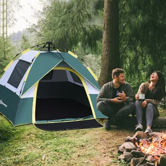 Outsunny Cort pentru Camping pentru 2 Persoane, Cort pentru Exterior Automatic Pop Up cu Copertina, Buzunare Interioare si Covoras, 205x195x135cm