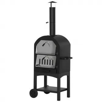 Outsunny Cuptor pentruPizza si Barbecue cu Carbune Portabil, Cuptor cu Lemne pentru Exterior din Otel cu Cos de Fum si Raft Inferior, Negru