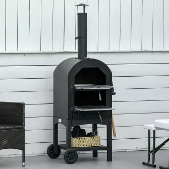 Outsunny Cuptor pentruPizza si Barbecue cu Carbune Portabil, Cuptor cu Lemne pentru Exterior din Otel cu Cos de Fum si Raft Inferior, Negru