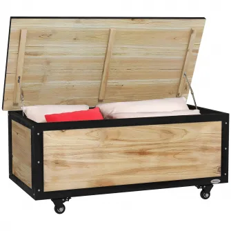 Outsunny Cutie de depozitare 121 de litri pentru exterior cu roti, Organizator tip cutie de depozitare din lemn cu armatura de otel pentru terasa si gradina, pentru balcon, veranda, marginea piscinei