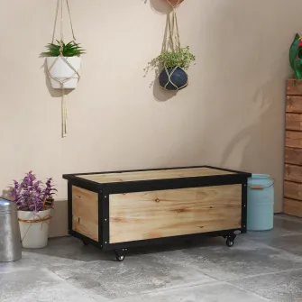 Outsunny Cutie de depozitare 121 de litri pentru exterior cu roti, Organizator tip cutie de depozitare din lemn cu armatura de otel pentru terasa si gradina, pentru balcon, veranda, marginea piscinei