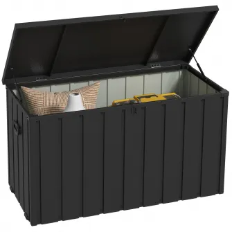 Outsunny Cutie de depozitare 450 de litri pentru exterior cu roti, Cutie din otel pentru terasa, Container pentru depozitare pentru gradina rezistent la apa, Gri inchis