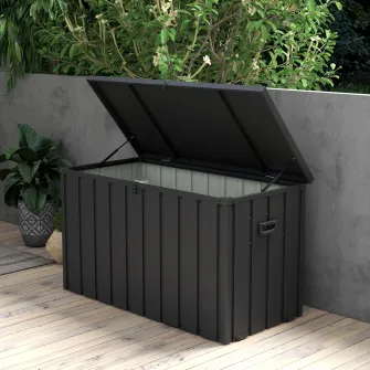 Outsunny Cutie de depozitare 450 de litri pentru exterior cu roti, Cutie din otel pentru terasa, Container pentru depozitare pentru gradina rezistent la apa, Gri inchis