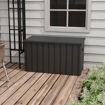 Outsunny Cutie de depozitare 450 de litri pentru exterior cu roti, Cutie din otel pentru terasa, Container pentru depozitare pentru gradina rezistent la apa, Gri inchis