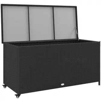 Outsunny Cutie de Depozitare pentru Exterior, din Rattan cu Roti, Bara Pneumatica de Ridicare, Maner Lateral, pentru Interior/Exterior, Negru
