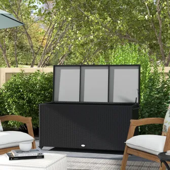Outsunny Cutie de Depozitare pentru Exterior, din Rattan cu Roti, Bara Pneumatica de Ridicare, Maner Lateral, pentru Interior/Exterior, Negru