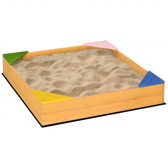 Outsunny Cutie din Lemn pentru Nisip pentru Copii, Cutie pentru Nisip pentru Copii cu Material Netesut si 4 Scaune pentru Gradina din Spate, Curte si Loc de Joaca, cu Efect de Lemn Natural