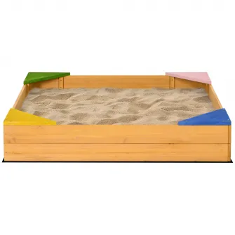 Outsunny Cutie din Lemn pentru Nisip pentru Copii, Cutie pentru Nisip pentru Copii cu Material Netesut si 4 Scaune pentru Gradina din Spate, Curte si Loc de Joaca, cu Efect de Lemn Natural