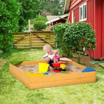 Outsunny Cutie din Lemn pentru Nisip pentru Copii, Cutie pentru Nisip pentru Copii cu Material Netesut si 4 Scaune pentru Gradina din Spate, Curte si Loc de Joaca, cu Efect de Lemn Natural