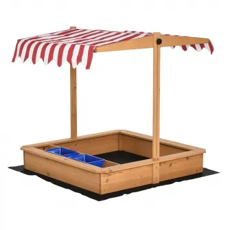 Outsunny Cutie pentru Nisip pentru Copii din Lemn cu Copertina Reglabila in Inaltime, Jucarie pentru Gradina cu Locuri pentru Sedere pe Margini si Tavite, 107.5x107.5x110cm