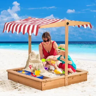 Outsunny Cutie pentru Nisip pentru Copii din Lemn cu Copertina Reglabila in Inaltime, Jucarie pentru Gradina cu Locuri pentru Sedere pe Margini si Tavite, 107.5x107.5x110cm