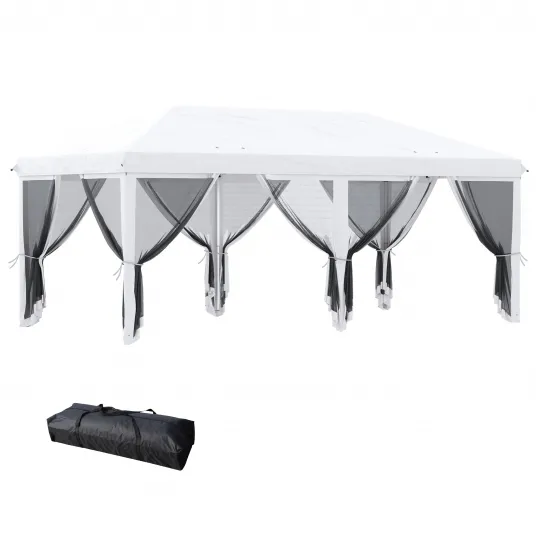 Outsunny Foisor Pliabil cu 6 Perdele Plasa de Tantari, Foisor de Gradina cu Structura din Otel, 585x295x270cm, Alb Crem
