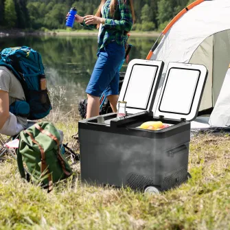 Outsunny Frigider Portabil Electric cu Compresor de 45L cu Maner Telescopic si Roti, Frigider Mic de 12/24V DC si 110/240V AC, pentru Masini si Camioane