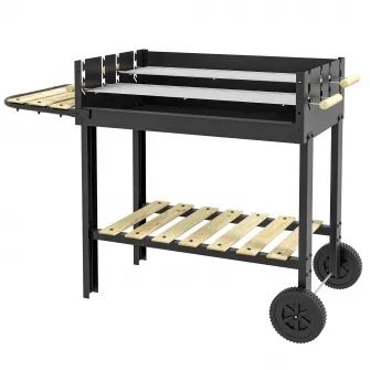 Outsunny Gratar Barbecue Carucior cu Carbune cu Grilaj Dublu Reglabil, Masa Laterala, Raft de Depozitare si Roti, pentru Gatit in Aer Liber