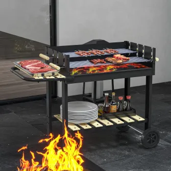 Outsunny Gratar Barbecue Carucior cu Carbune cu Grilaj Dublu Reglabil, Masa Laterala, Raft de Depozitare si Roti, pentru Gatit in Aer Liber