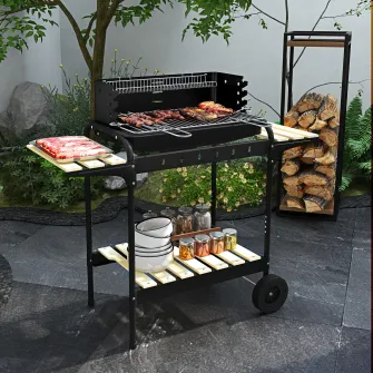 Outsunny Gratar Barbecue cu Carbune cu Inaltime Reglabila a Gratarului, Carucior Portabil pentru Gratar cu Dispozitiv de Colectare a Cenusii si Roti