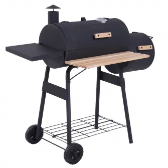 Outsunny Gratar de gradina cu capac si afumator, gratar pe carbune cu rafturi si roti 124x53x104cm, negru