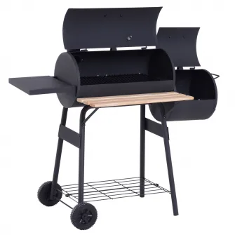 Outsunny Gratar de gradina cu capac si afumator, gratar pe carbune cu rafturi si roti 124x53x104cm, negru
