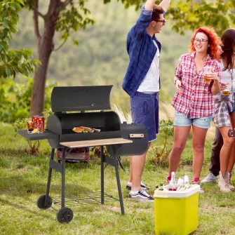 Outsunny Gratar de gradina cu capac si afumator, gratar pe carbune cu rafturi si roti 124x53x104cm, negru