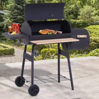 Outsunny Gratar de gradina cu capac si afumator, gratar pe carbune cu rafturi si roti 124x53x104cm, negru