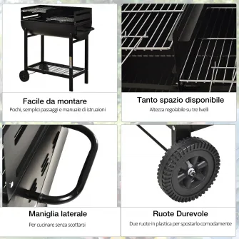 Outsunny Gratar din Otel cu 2 Grile Independente Negru 90cm x 45cm x 96cm