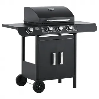 Outsunny Gratar pe gaz cu Capac, 4 Arzatoare de 11,6 kW si Termometru, Arzator Lateral, Raft si 2 Roti, 110x50x100cm Negru