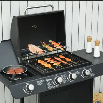 Outsunny Gratar pe gaz cu Capac, 4 Arzatoare de 11,6 kW si Termometru, Arzator Lateral, Raft si 2 Roti, 110x50x100cm Negru