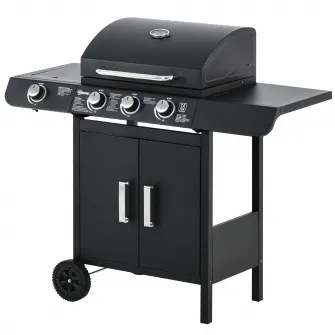 Outsunny Gratar pe gaz cu Capac, 4 Arzatoare de 11,6 kW si Termometru, Arzator Lateral, Raft si 2 Roti, 110x50x100cm Negru