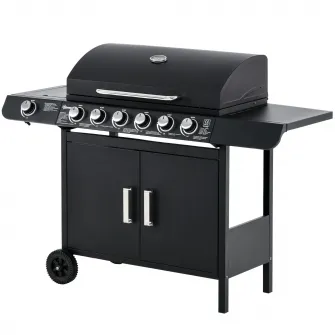 Outsunny Gratar pe Gaz cu Capac, 7 Arzatoare de 20 kW in total si Arzator Lateral, Termometru, Raft si 2 Roti, 135x50x100cm Negru