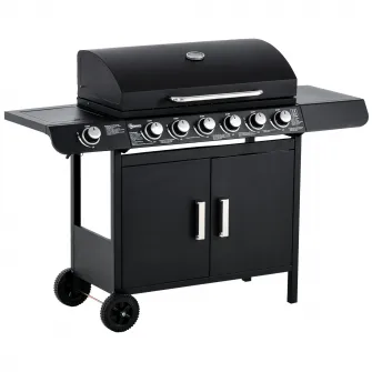 Outsunny Gratar pe Gaz cu Capac, 7 Arzatoare de 20 kW in total si Arzator Lateral, Termometru, Raft si 2 Roti, 135x50x100cm Negru