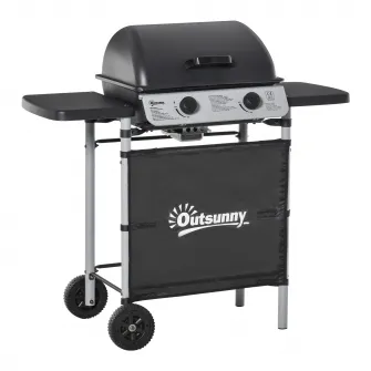 Outsunny Gratar pe gaz cu Capac si 2 Arzatoare cu o putere totala de 5,6 kW, Gratar din Otel cu Roti si Rafturi, 104x49x99cm Negru