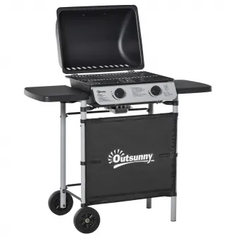 Outsunny Gratar pe gaz cu Capac si 2 Arzatoare cu o putere totala de 5,6 kW, Gratar din Otel cu Roti si Rafturi, 104x49x99cm Negru