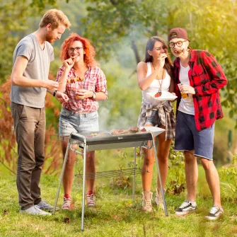 Outsunny Gratar portabil cu carbune, Gratar cu plita, asamblare usoara, Aragaz din otel inoxidabil cu cosuri de condimente, rafturi de depozitare si carlige pentru camping, picnic, drumetii