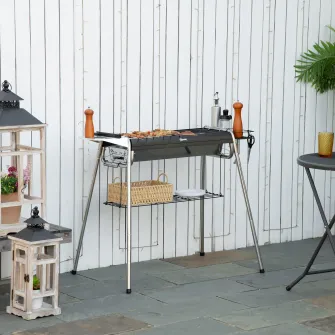 Outsunny Gratar portabil cu carbune, Gratar cu plita, asamblare usoara, Aragaz din otel inoxidabil cu cosuri de condimente, rafturi de depozitare si carlige pentru camping, picnic, drumetii