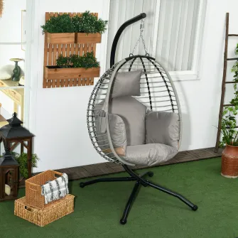 Outsunny Leagan pentru exterior cu perna capitonata groasa, Scaun suspendat pentru terasa cu suport metalic, cos pliabil, suport pentru pahare, structura de franghie, pentru interior si exterior, Gri