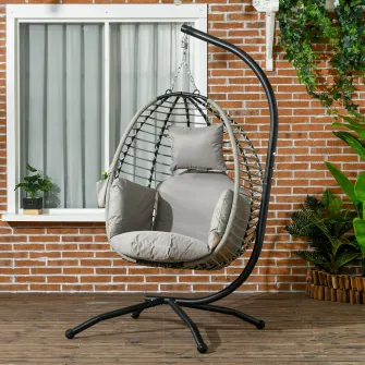 Outsunny Leagan pentru exterior cu perna capitonata groasa, Scaun suspendat pentru terasa cu suport metalic, cos pliabil, suport pentru pahare, structura de franghie, pentru interior si exterior, Gri