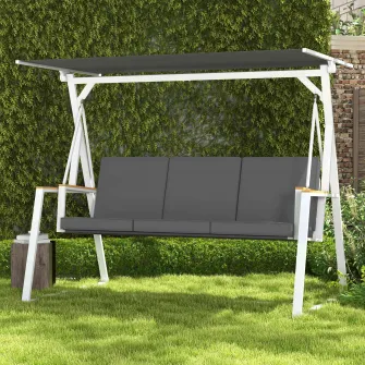 Outsunny Leagan tip scaun pentru terasa cu 3 locuri, Leagan balansoar pentru exterior cu copertina reglabila, perna detasabila si cadru din otel inoxidabil rezistent la intemperii, Gri