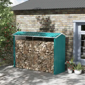 Outsunny Magazie de depozitare a bustenilor de gradina, casa de lemne de foc din otel galvanizat cu podea inaltata, cabina de depozitare a lemnului din spate, verde