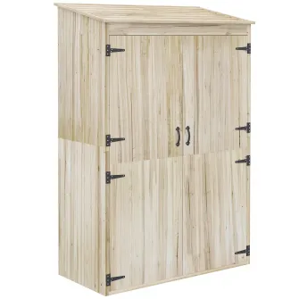Outsunny Magazie de Gradina din Lemn pentru Depozitarea Uneltelor, Magazie de Gradina cu Usi Duble cu Magneti, Dulap de Depozitare a Uneltelor cu Acoperis Inclinat, 120 x 57 x 183 cm, Natur