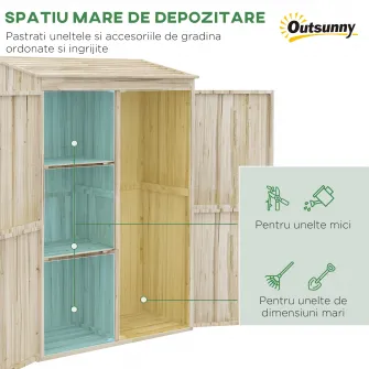 Outsunny Magazie de Gradina din Lemn pentru Depozitarea Uneltelor, Magazie de Gradina cu Usi Duble cu Magneti, Dulap de Depozitare a Uneltelor cu Acoperis Inclinat, 120 x 57 x 183 cm, Natur