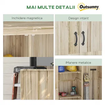 Outsunny Magazie de Gradina din Lemn pentru Depozitarea Uneltelor, Magazie de Gradina cu Usi Duble cu Magneti, Dulap de Depozitare a Uneltelor cu Acoperis Inclinat, 120 x 57 x 183 cm, Natur