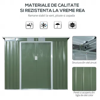 Outsunny Magazin de gradina din otel cu acoperis inclinat, usa glisanta dubla si orificii de aerisire, 213x130x173 cm, verde