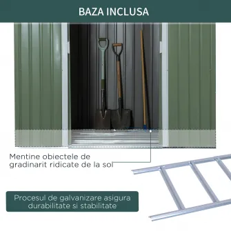 Outsunny Magazin de gradina din otel cu acoperis inclinat, usa glisanta dubla si orificii de aerisire, 213x130x173 cm, verde