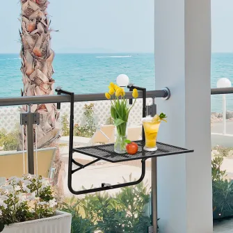 Outsunny Masa de Balustrada Pliabila din Metal, Masuta pentru Balcon cu Inaltime Reglabila pentru Balustrade 3-11cm, 60x60x57-72cm, Negru
