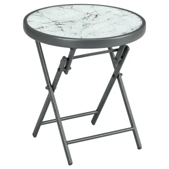 Outsunny Masa Laterala Pentru Exterior Φ45cm, Masa Rotunda Pliabila Cu Blat Din Sticla Din Imitatie De Marmura, Masuta Mica De Cafea, Alb