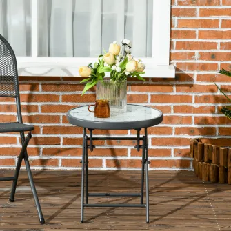 Outsunny Masa Laterala Pentru Exterior Φ45cm, Masa Rotunda Pliabila Cu Blat Din Sticla Din Imitatie De Marmura, Masuta Mica De Cafea, Alb