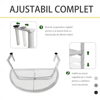 Outsunny  Masuta pentru Balcon Pliabila din Metal cu 3 Inaltimi Reglabile, Masa de Agatat pe Balustrada, 60x45x50cm, Alba
