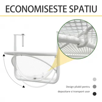 Outsunny  Masuta pentru Balcon Pliabila din Metal cu 3 Inaltimi Reglabile, Masa de Agatat pe Balustrada, 60x45x50cm, Alba