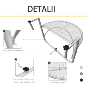 Outsunny  Masuta pentru Balcon Pliabila din Metal cu 3 Inaltimi Reglabile, Masa de Agatat pe Balustrada, 60x45x50cm, Alba